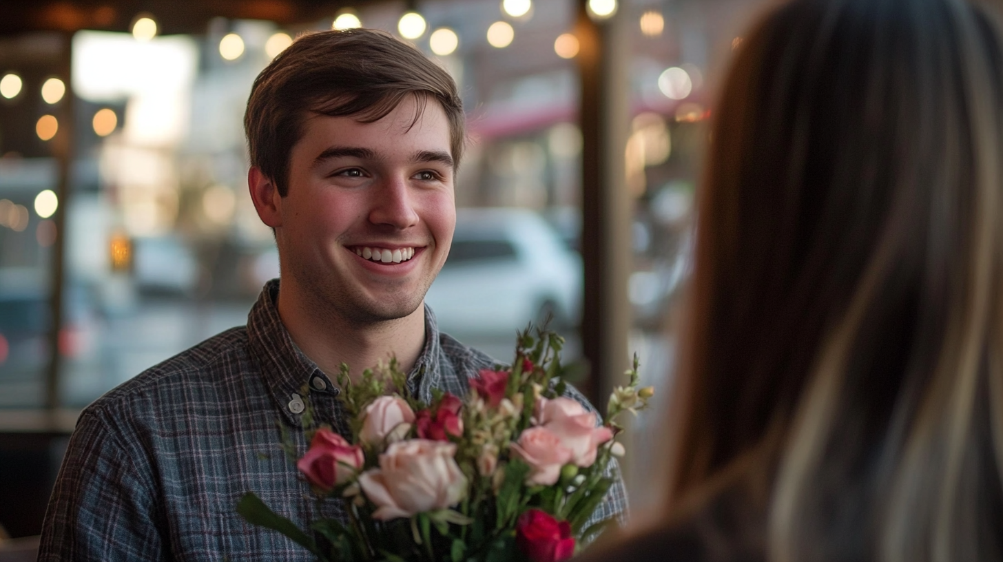 A man smiling as he holds a bouquet of flowers | Source: Midjourney