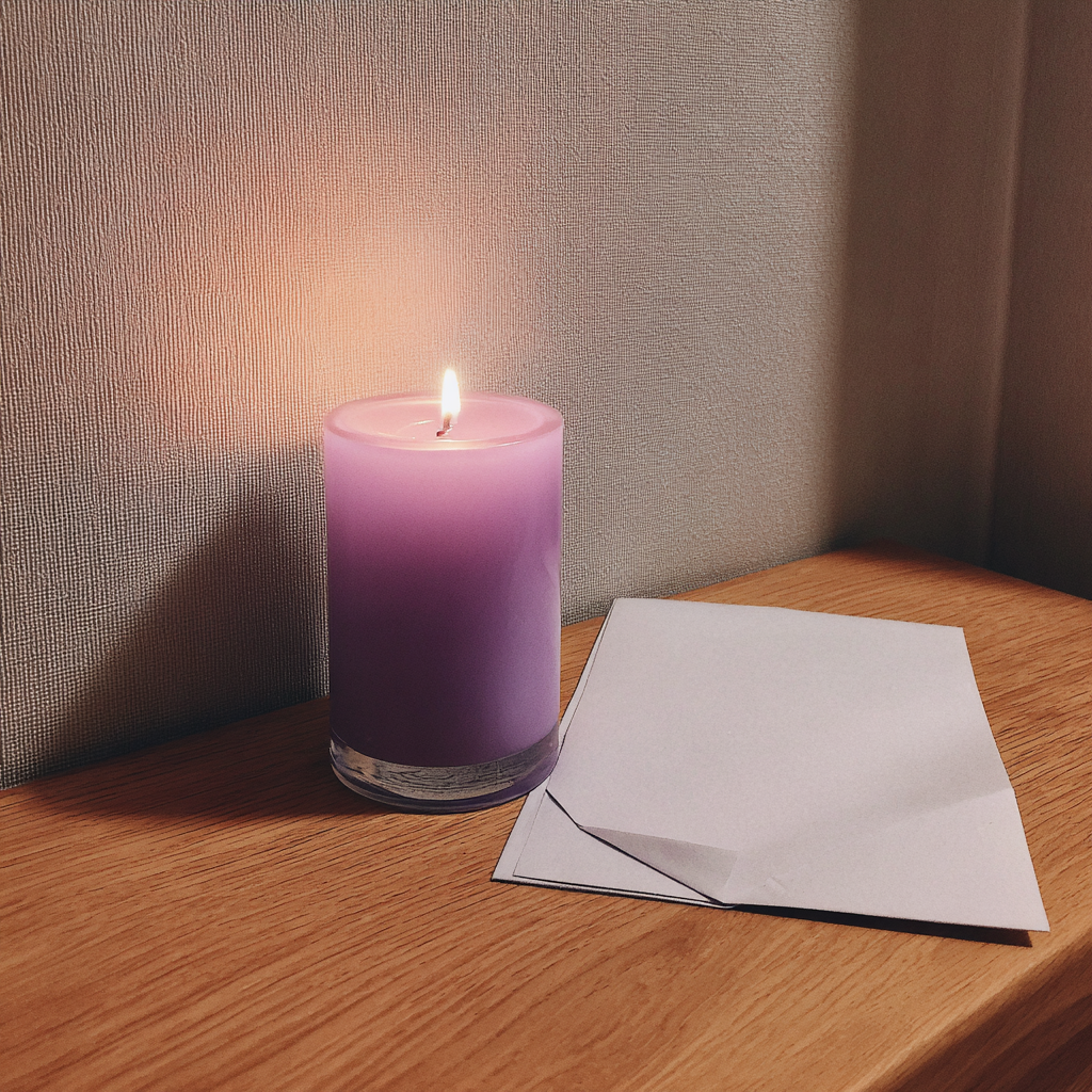 A candle and a piece of paper on a table | Source: Midjourney