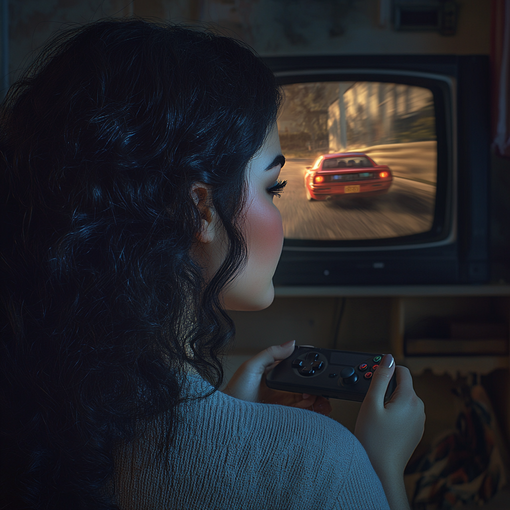 Rear shot of a woman playing a video game all alone | Source: Midjourney