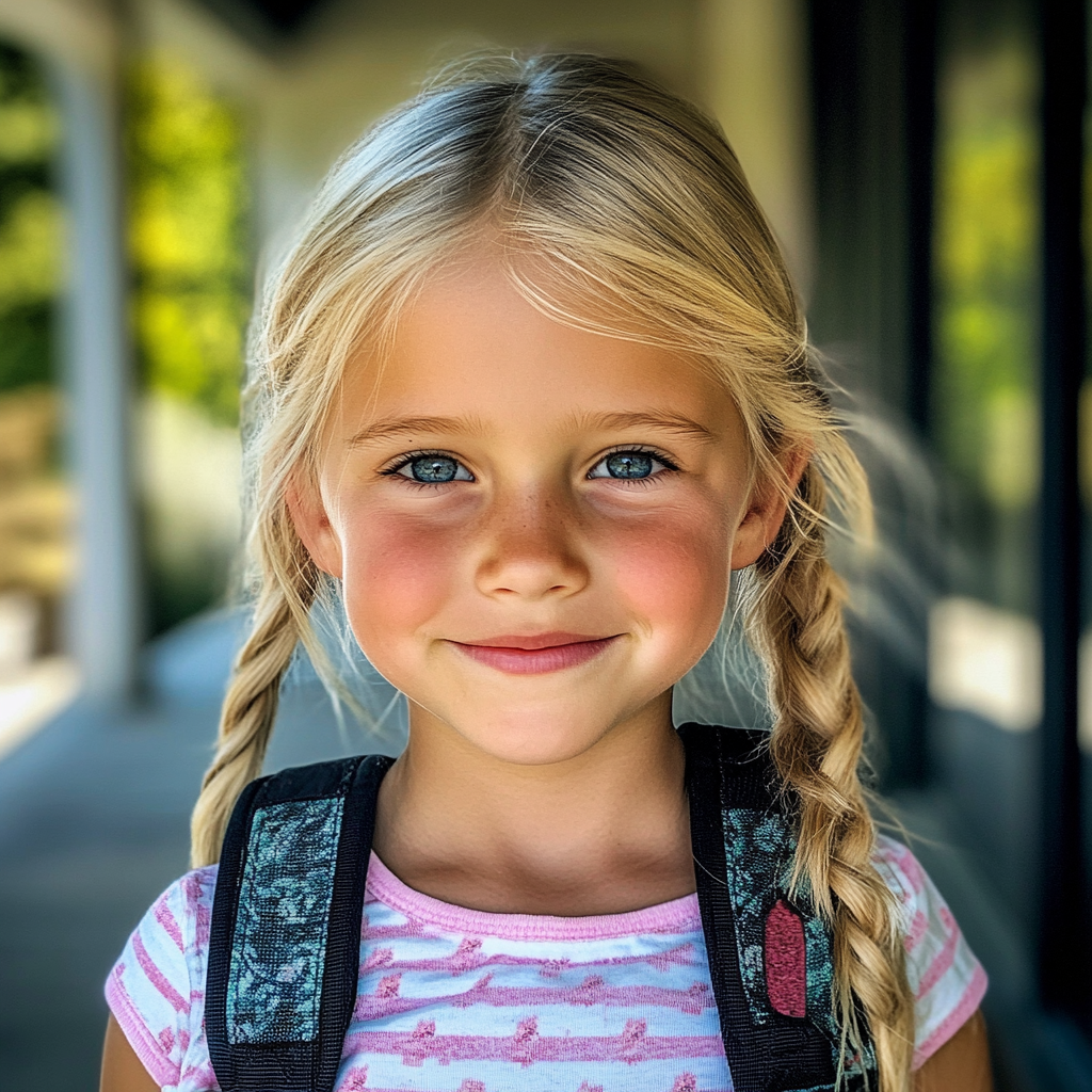 A smiling little girl with a backpack | Source: Midjourney
