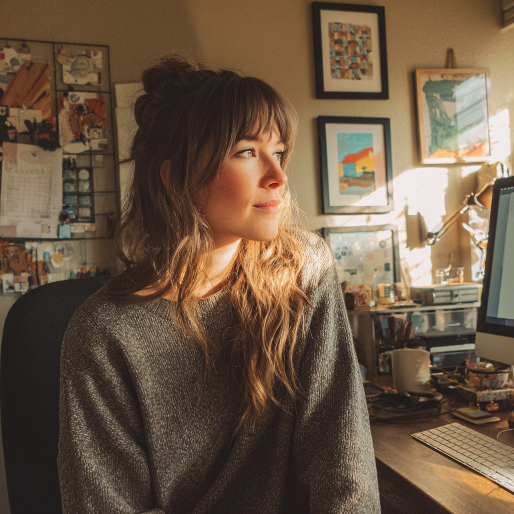 A woman sitting at her desk in a home office | Source: Midjourney