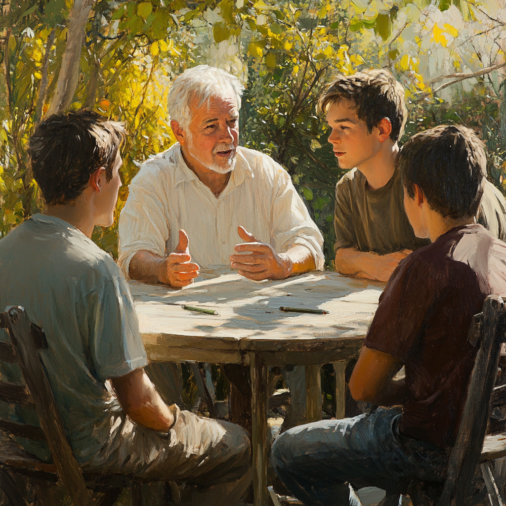 An older man having a conversation with his sons | Source: Midjourney