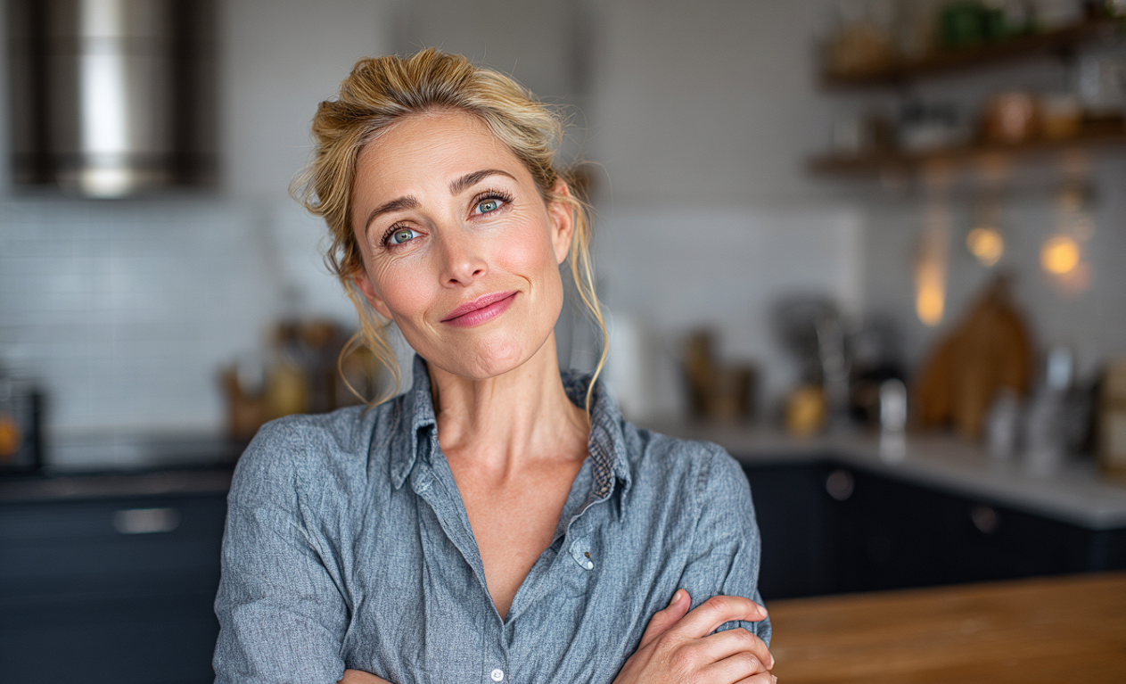A woman in a kitchen smiling at someone | Source: Midjourney