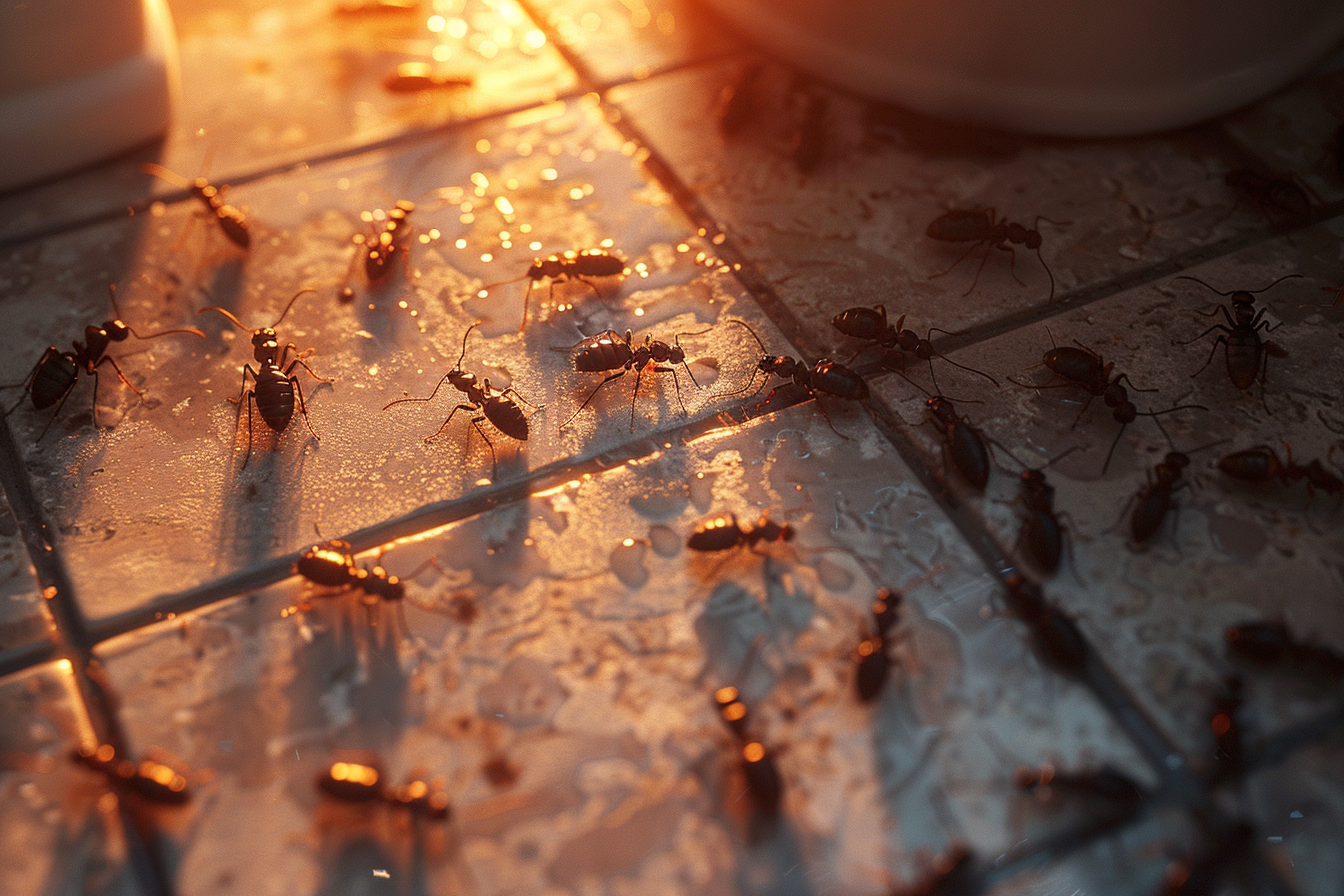 Close-up of an army of ants on a bathroom floor | Source: Midjourney