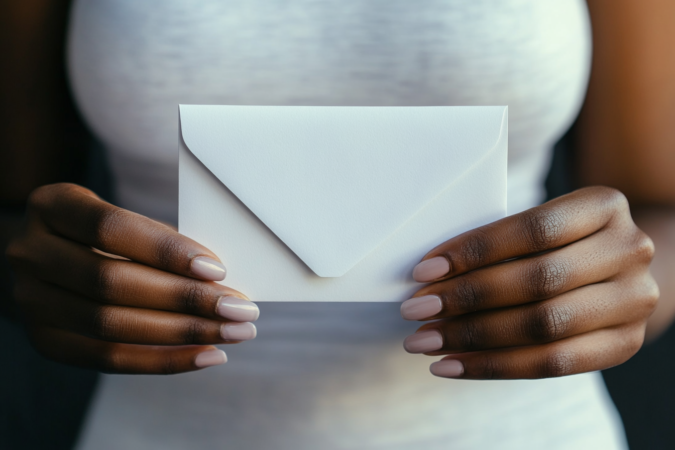 A woman holding an envelope | Source: Midjourney