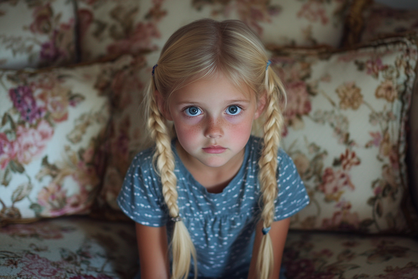 A little girl on a sofa looking curious | Source: Midjourney