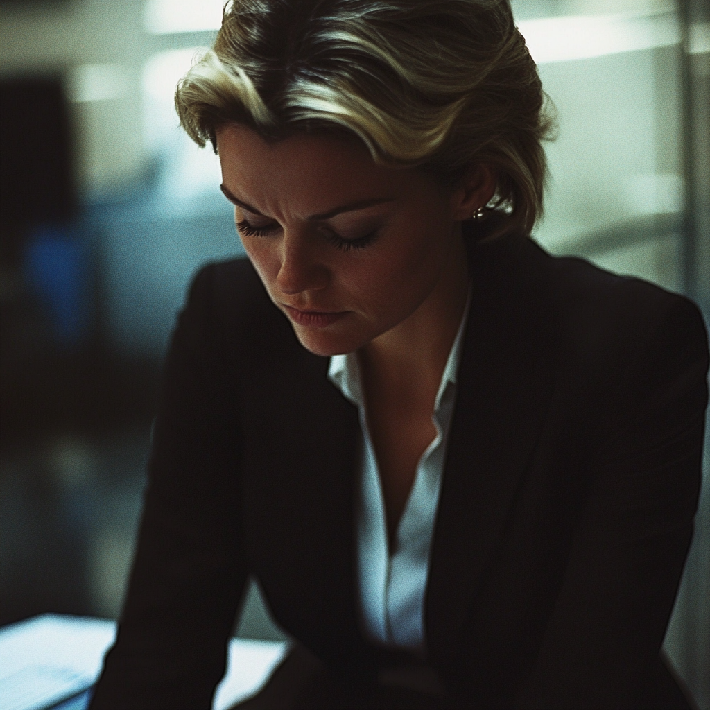 An upset woman sitting in an office | Source: Midjourney